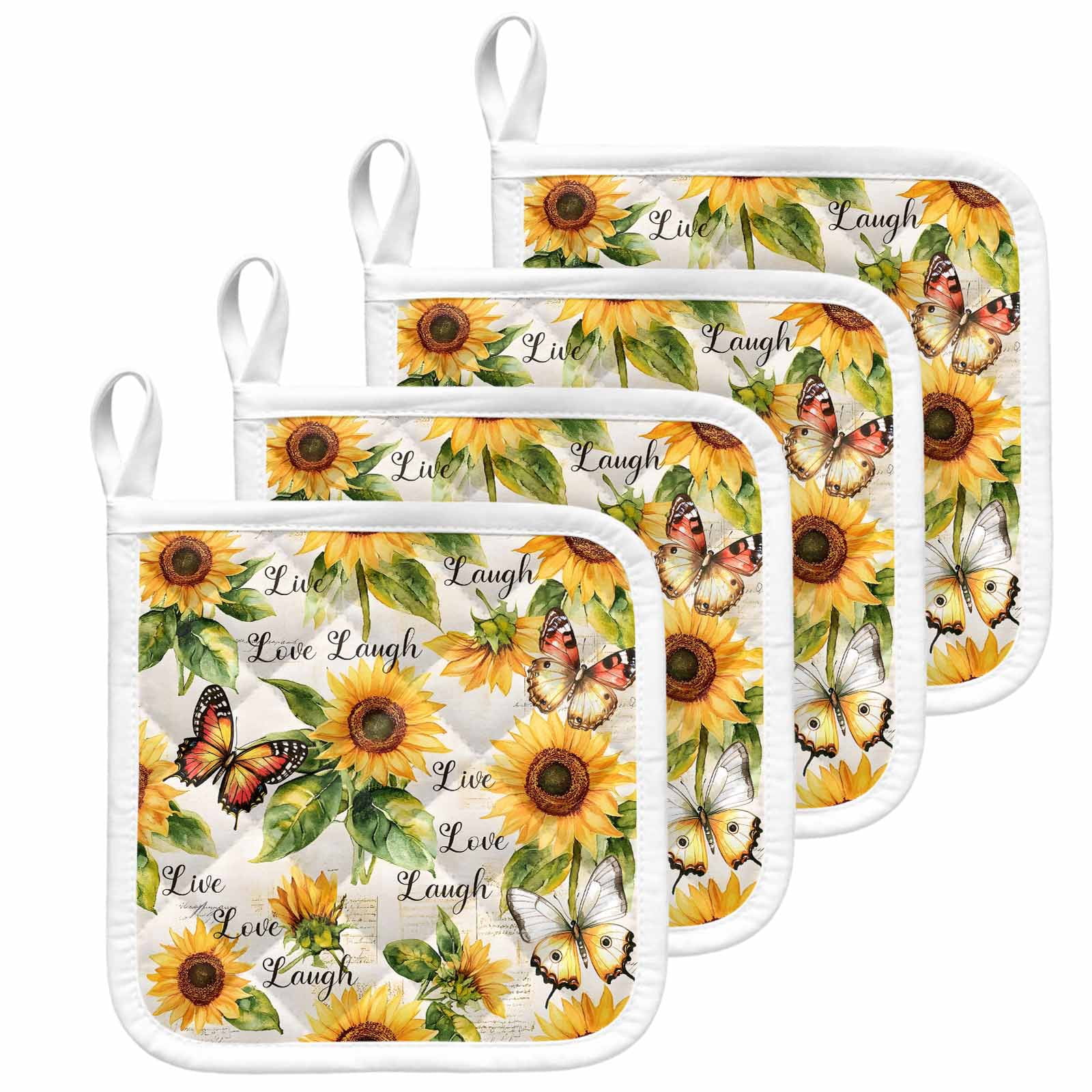 Sunflower Pot Holders for Kitchen Heatproof Potholder, 4 Pack Summer Botanical Vintage Spring Floral Butterfly Hot Pads Multipurpose Oven Pads Cloth Potholders Trivet for Cooking and Baking