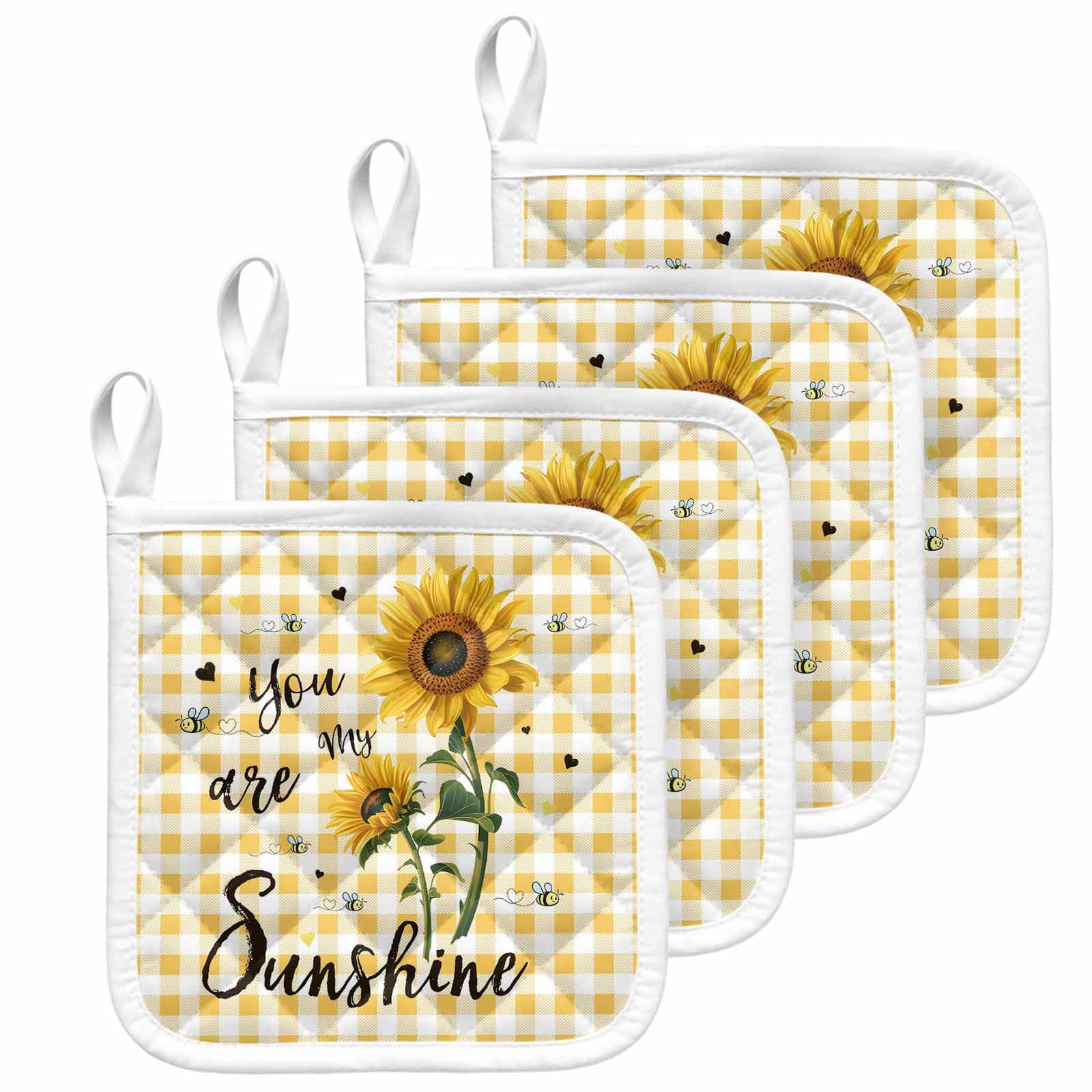 Sunflower Pot Holders for Kitchen Heatproof Potholder, 4 Pack Yellow Plaid Lattice You Are My Sunshine Hot Pads Multipurpose Oven Pads Cloth Potholders Trivet for Cooking and Baking