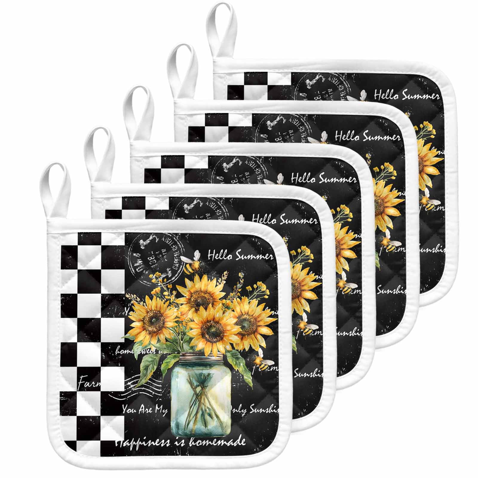 Sunflower Pot Holders for Kitchen Heatproof Potholder, 5 Pack Black White Check Farmhouse Bee Vase Floral Hot Pads Multipurpose Oven Pads Cloth Potholders Trivet for Cooking Baking
