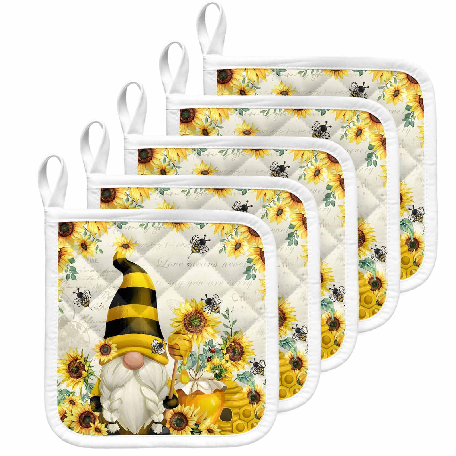 Sunflower Pot Holders for Kitchen Heatproof Potholder, 5 Pack Gnomes Flower Bee Eucalyptus Leaves Farmhouse Hot Pads Multipurpose Oven Pads Cloth Potholders Trivet for Cooking Baking