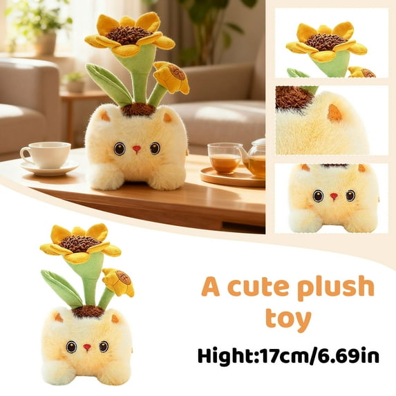 Sunflower Potted Plant Plush Cat-Shaped Potted Plant Stuffed Animals for Kids, Soft Fluffy Cute Plushies Toys for Baby Girl and Boy, Fluffy Potted Flower