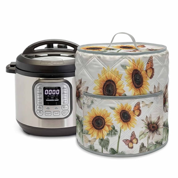 Sunflower Pressure Cooker Cover Farmhouse Rustic Retro Summer Floral Butterfly Dust Cover for Kitchen Appliances with Top Handle & Storage Pockets, Fits 8 Quart Instant Pot, Air Fryer, Crock Pot