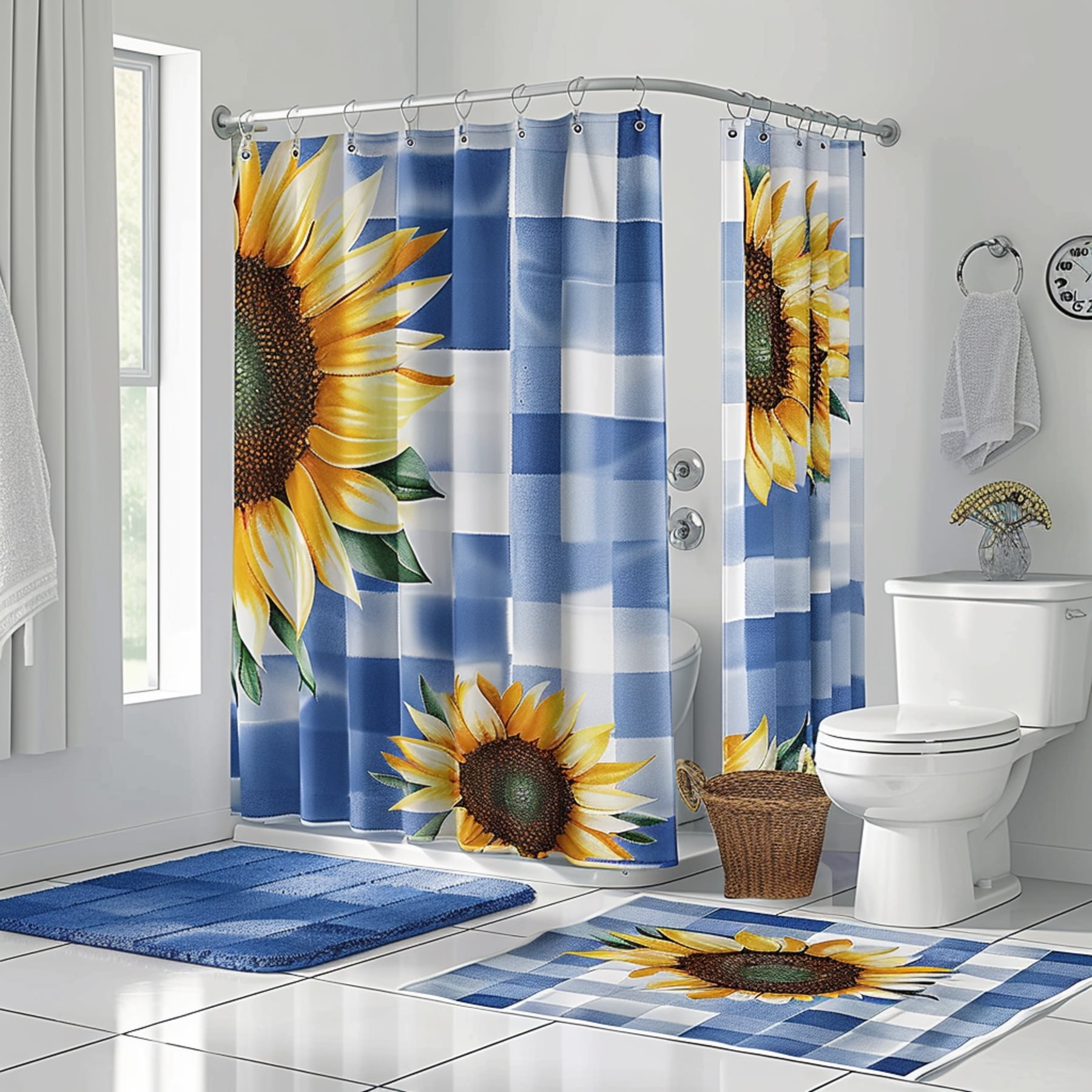 Sunflower Print Blue & White Checkered Shower Curtain Set Bathroom ...