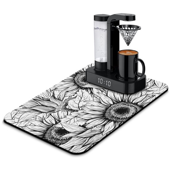 Sunflower Print Coffee Maker Mat - 4-Layer Absorbent Drying Mat for Coffee Station, Non-Slip Kitchen Counter Mat with Boho Floral Design
