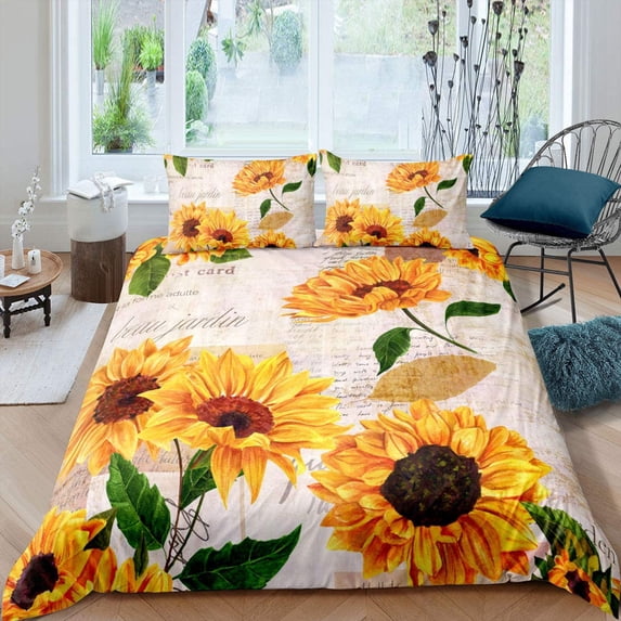 Sunflower Print Comforter Cover for Kids Boys Girls Teens Old Letters Duvet Cover with Romantic Flowers Pattern Decorative Bedding Set, 2 Pieces Devut Cover with 1Pillow Shams