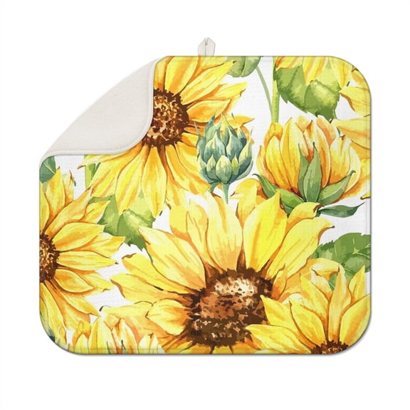 Sunflower Print Dish Drying Pad for Kitchen Countertop Microfiber Rack Mat Absorbent Foldable Floral Drainer 16x18 Inch