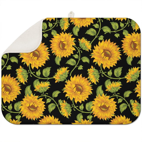 Sunflower Print Dish Mat for Drying Dishes, Foldable Microfiber Kitchen Pad, Absorbent Floral Rack 18x24 Inch Countertop