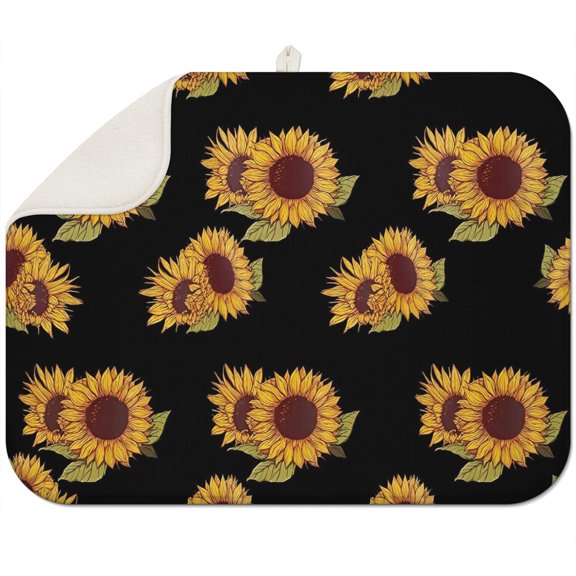 Sunflower Print Dish Mat with Microfiber Surface, Foldable Kitchen Pad 18x24 Inch, Absorbent Rack for Sink or Table Area