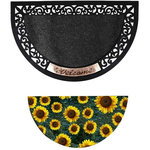 Sunflower Print Doormat Half Round Door Mat for Front Door Non-Slip Welcome Entrance Way Rug Indoor Decorative Floor Mat Low-Profile Easy Clean (20x31 inches, Sunflower)