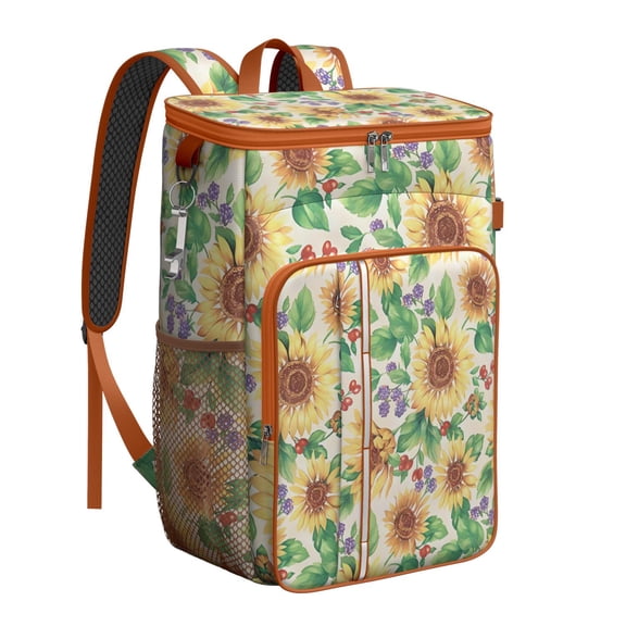 Sunflower Print Insulated Cooler Backpack - 20L Leakproof Soft Cooler Bag for Camping, Beach & Picnic, Floral Boho Vintage Design with Long-Lasting Insulation
