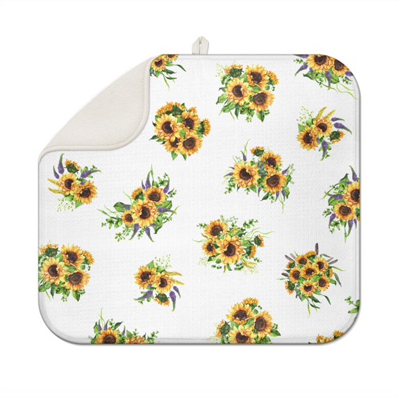 Sunflower Print Kitchen Sink Drying Mat, Foldable 16x18 Inch Microfiber Pad, Absorbent Counter Rack Mat for Dish Draining
