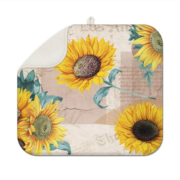 Sunflower Print Microfiber Dish Drying Mat, Foldable Absorbent Rack Pad for Kitchen Use, Ideal for Counters and Sinks, 16x18 Inch