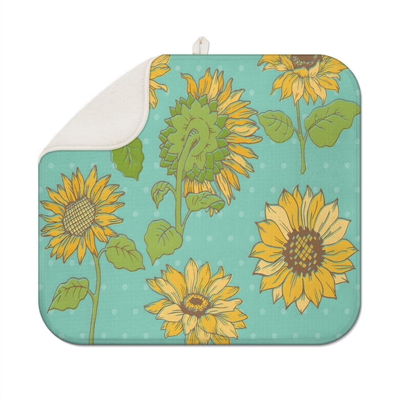 Sunflower Print Microfiber Dish Drying Mat, Foldable Floral Pad for Kitchen Sink Area, Absorbent Rack Mat Counter Use, 16x18 Inch