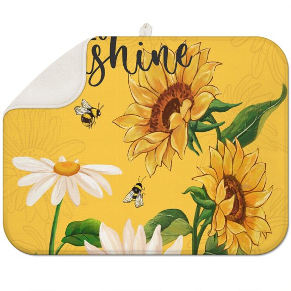 Sunflower Print Microfiber Dish Drying Pad, 18x24 Inch Foldable Rack Mat, Absorbent Floral Countertop Mat for Daily Kitchen Use