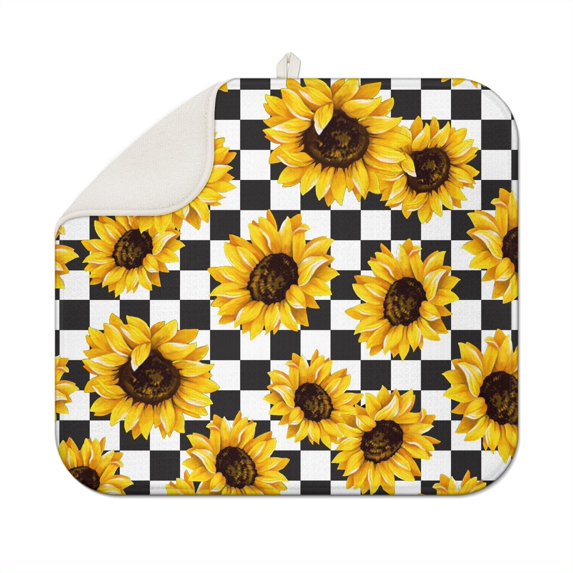 Sunflower Print Microfiber Dish Rack Pad, Foldable Kitchen Mat for Drying, Absorbent Countertop Design, 16x18 Inch Size