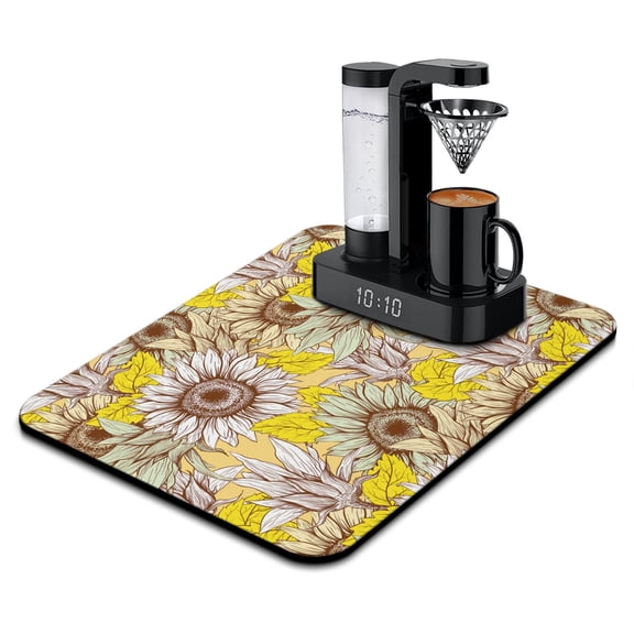 Sunflower Print Non-Slip Coffee Mat - 4-Layer Absorbent Drying Mat for Coffee Station, Farmhouse Floral Pattern