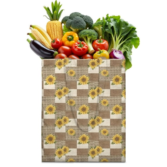 Sunflower Print Reusable Grocery Tote Bag – Vintage Boho Farmhouse Canvas Shopping Bag with Watercolor Floral Design, Beach, Picnic, Summer & Fall