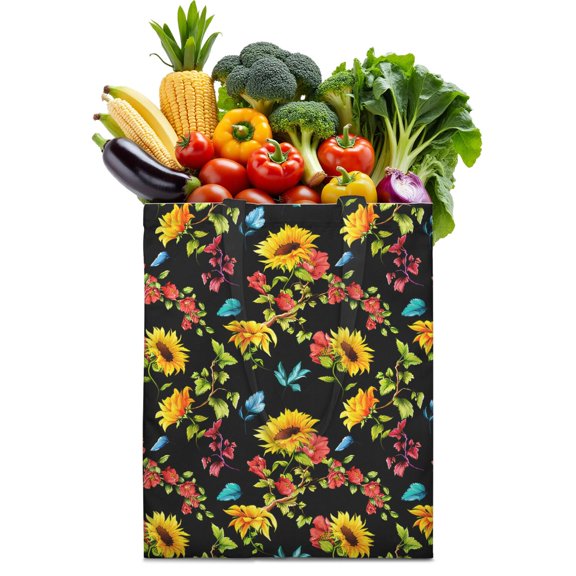 Sunflower Print Reusable Grocery Tote Bag – Vintage Boho Farmhouse Canvas Shopping Bag with Watercolor Floral Design, Beach, Picnic, Summer & Fall