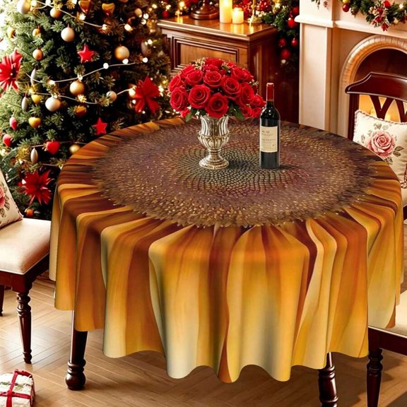 Sunflower Print Round Tablecloth YX – Textured Polyester, Wrinkle Resistant, Indoor Use, 35/49/60/71 Inch