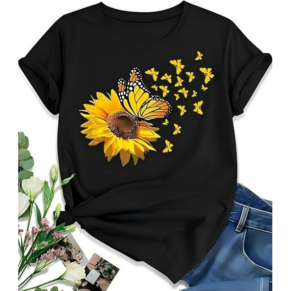 Sunflower Print Short Sleeve Shirt for Women One Black Top