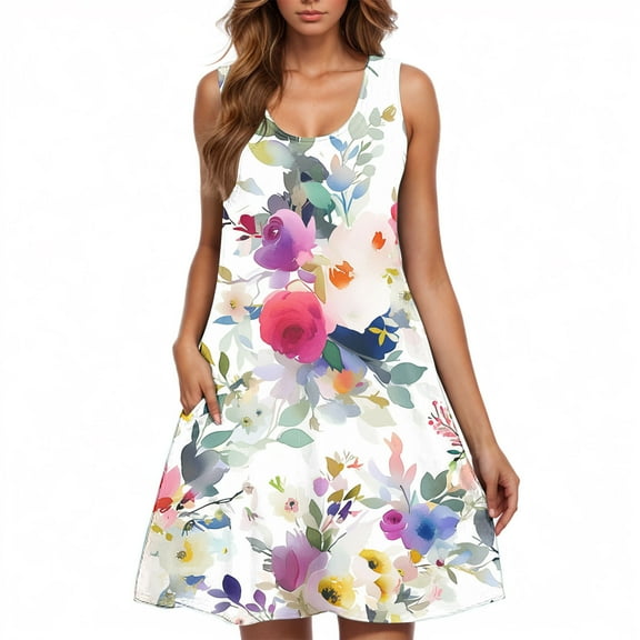 Sunflower Print Sleeveless Dress for Women Casual Scoop Neck A-Line Summer Dress with Pockets Floral Sundress