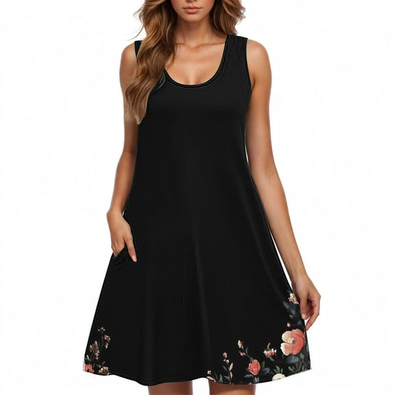 Sunflower Print Sleeveless Dress for Women Casual Scoop Neck A-Line Summer Dress with Pockets Floral Sundress