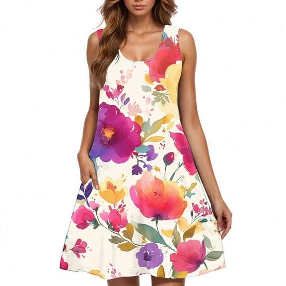 Sunflower Print Sleeveless Dress for Women Casual Scoop Neck A-Line Summer Dress with Pockets Floral Sundress