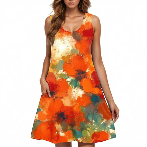 Sunflower Print Sleeveless Dress for Women Casual Scoop Neck A-Line Summer Dress with Pockets Floral Sundress
