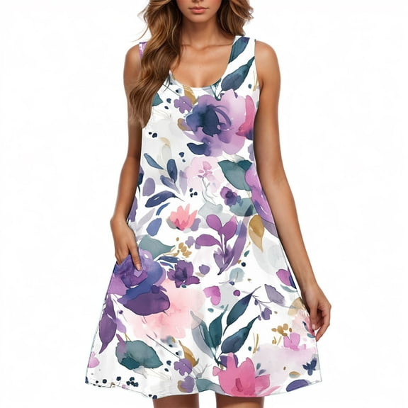 Sunflower Print Sleeveless Dress for Women Casual Scoop Neck A-Line Summer Dress with Pockets Floral Sundress