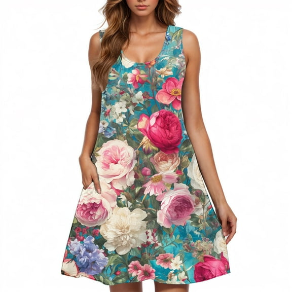 Sunflower Print Sleeveless Dress for Women Casual Scoop Neck A-Line Summer Dress with Pockets Floral Sundress