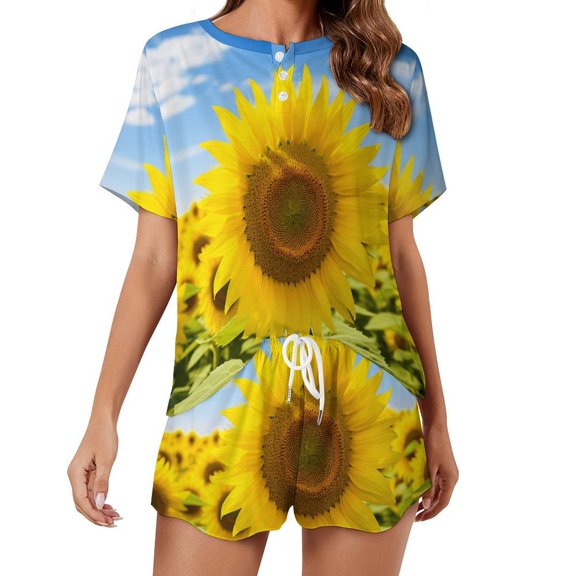Sunflower Print Women'S Pajamas Set Summer Sleepwear Sets 2 Piece Lounge Set