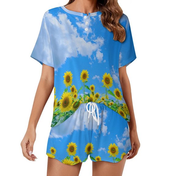 Sunflower Print Women'S Pajamas Set Summer Sleepwear Sets 2 Piece Lounge Set