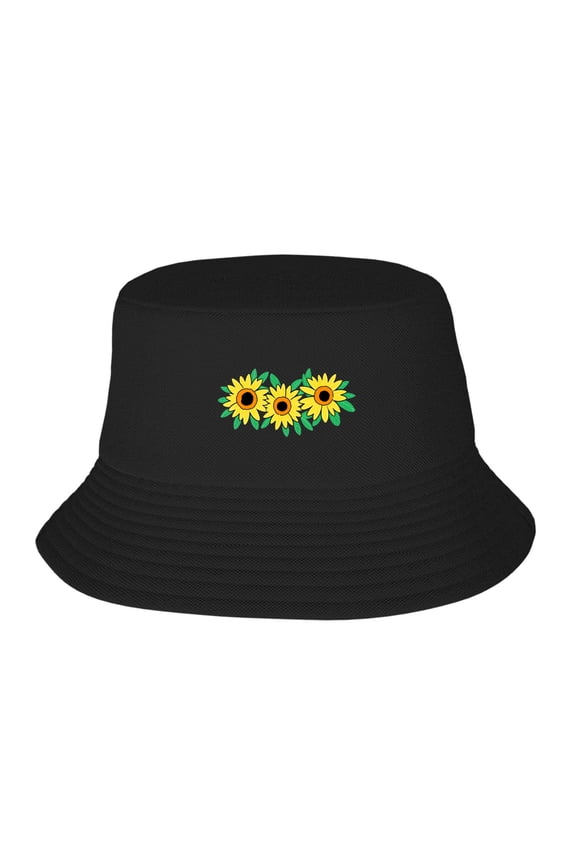 Sunflower Printed Pattern Black Bucket Hats for Women Sun Protection