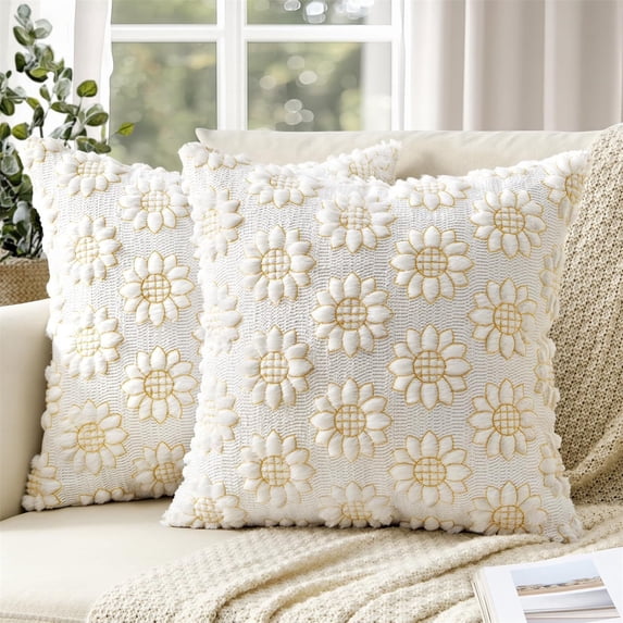 Sunflower Printed Throw Pillow Covers , Plush Jacquard Embroidered Decorative Pillow Cases For Couch Bed Sofa 1Pc White Soft Spring Summer Pillow Protectors For Living Room