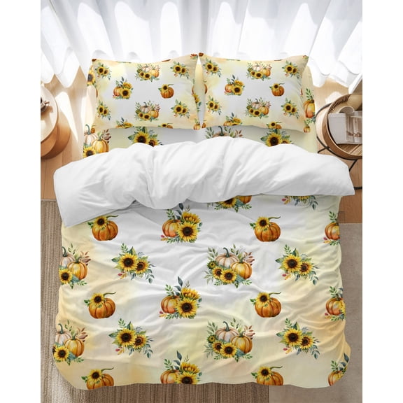 Sunflower Pumpkin Bedding Duvet Cover Set Queen Size 4 Pieces Flower Yellow White Blooming Bedding Set with Zipper Closure, 1 Comforter Cover 90x90 Inches 1 Flat Sheet & 2 Pillow Cases