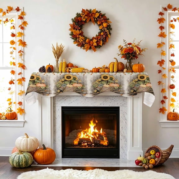 Sunflower Pumpkin Cart Fireplace Mantel Scarf, Bird Board Mantel Scarf Scarves Fireplace Top Runner Cover for Holiday Party Home Decorations 60x17in