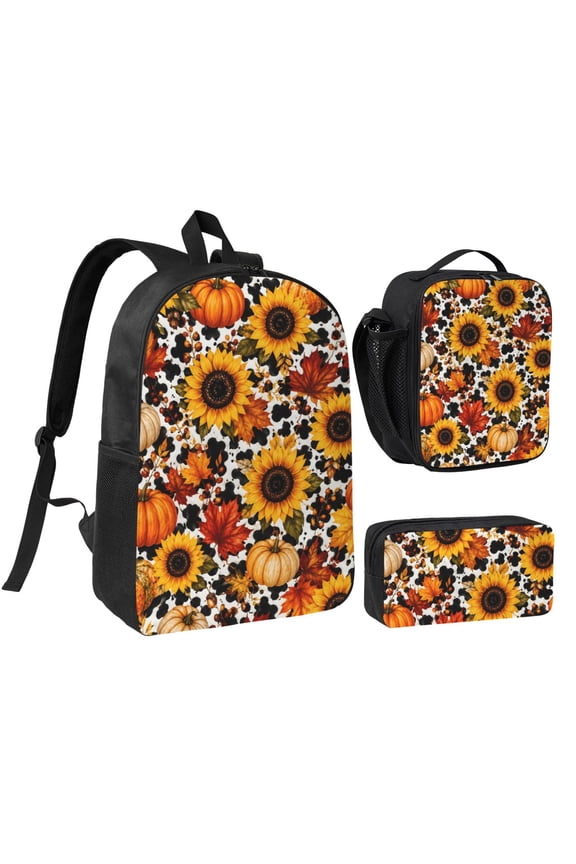 Sunflower Pumpkin Cow Backpack Set 3pc Including Backpack, Lunch Bag and Pen Bag Combination