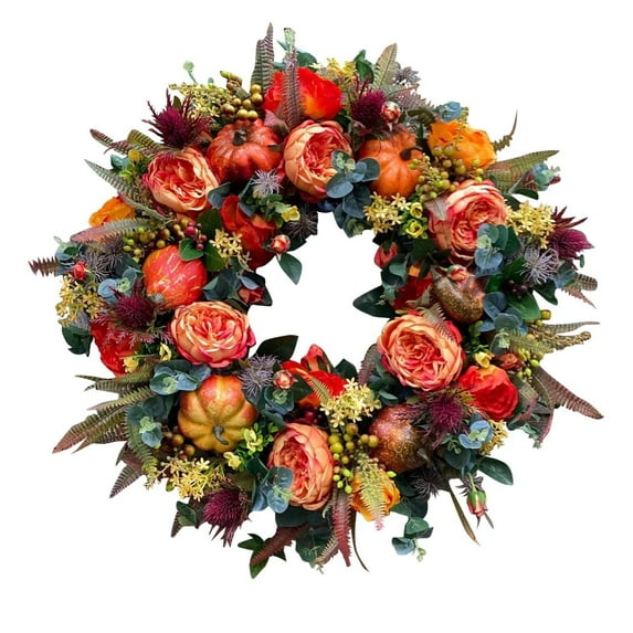 Sunflower and Pumpkin Fall Wreath - Vintage Buffalo Check Lattice Autumn Wreath for Front Door, Thanksgiving Halloween Farmhouse Harvest Decor Indoor Outdoor Window Wall