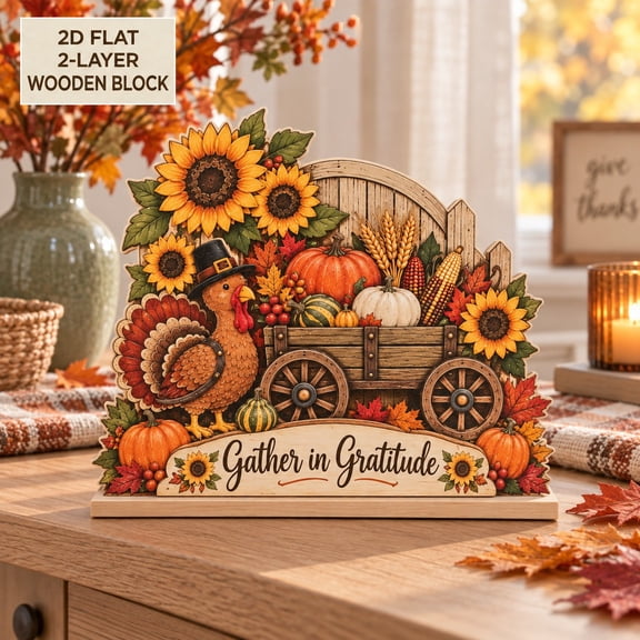 Sunflower Pumpkin Harvest Cart Wooden Block for Thanksgiving Tabletop Decor