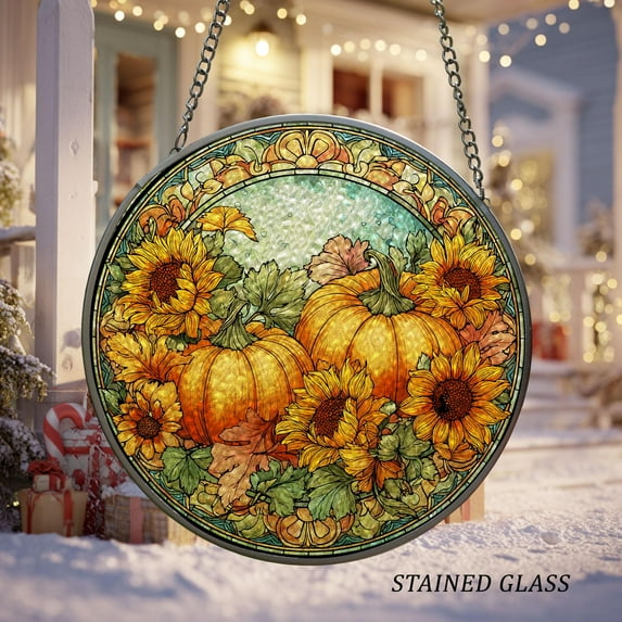 Sunflower Pumpkin Stained Glass Ornament, Thanksgiving Pumpkin Glass Suncatcher, Pumpkin Fall Vibes Hanging, Cozy Fall Harvest Decor,TGOA114, 2D Printed, 1-sided Sun Catcher