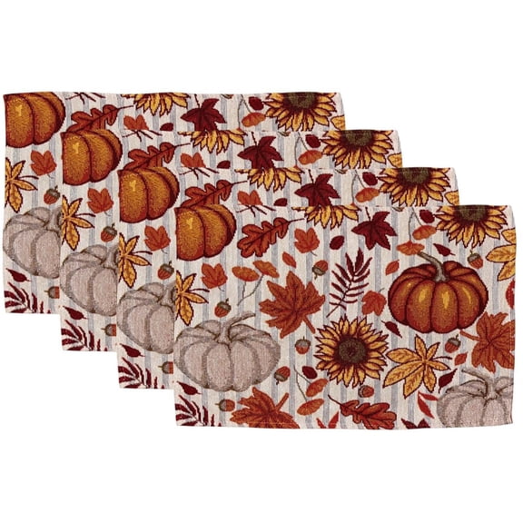 Sunflower, Pumpkin, and Leaf Design Set of 4 Placemats for Fall, Thanksgiving Kitchen Dining Table Easy to Clean, Machine Washable, Size: 13” x 19”.