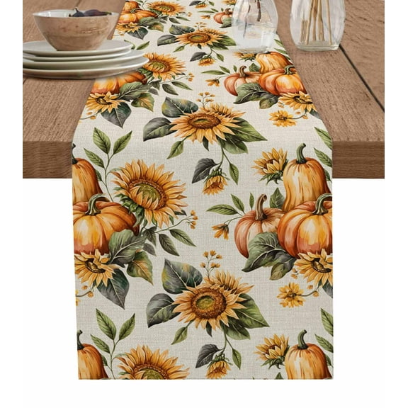 Sunflower Pumpkins Burlap Cotton Table Runner 13x36 Inches Short, Fall Vintage Botanical Leaves Burlap Farmhouse Table Runners, Outdoor Dining Tablecloths Decor for Baby Shower/Party/Wedding