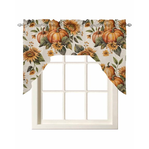 Sunflower Pumpkins Kitchen Swag Valances for Windows, Fall Vintage Botanical Leaves Burlap Swag Valances Curtains for Living Room, Rod Pocket Window Treatments for Bathroom, Bedroom, Cafe, 56"x36"