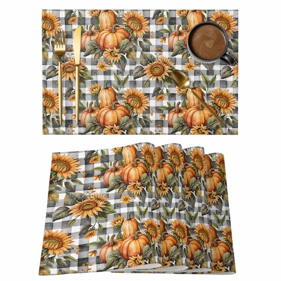 Sunflower Pumpkins Placemats Set of 8 Fall Botanical Leaves Black Check Place Mats Indoor Wipeable Table Mats Washable Cloth Dining Table Placemats for Kitchen Holiday Party Home Decor 13x19 Inch
