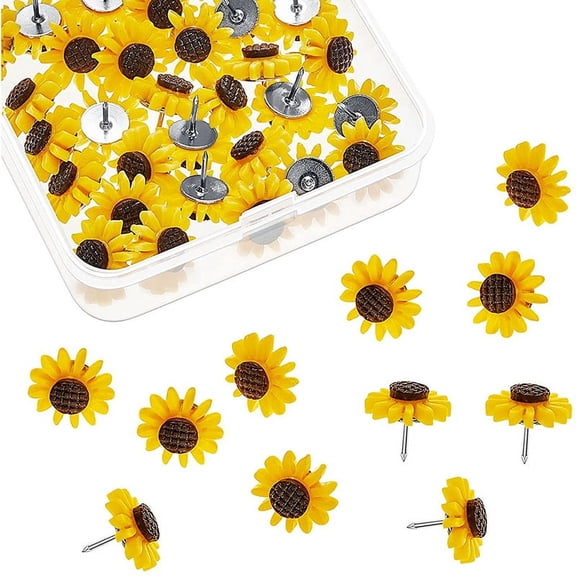 40 x Sunflower Push Pins-Yellow&Silver