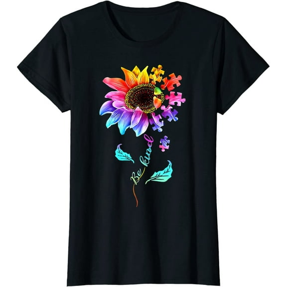 Sunflower Puzzle Tshirt for Women Be Kind Autism Awareness Women Girls Casual Short Sleeve Tops Black Small