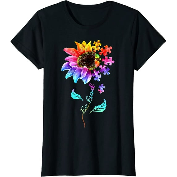 Sunflower Puzzle Tshirt for Women Be Kind Autism Awareness Women Girls Casual Short Sleeve Tops Black Small