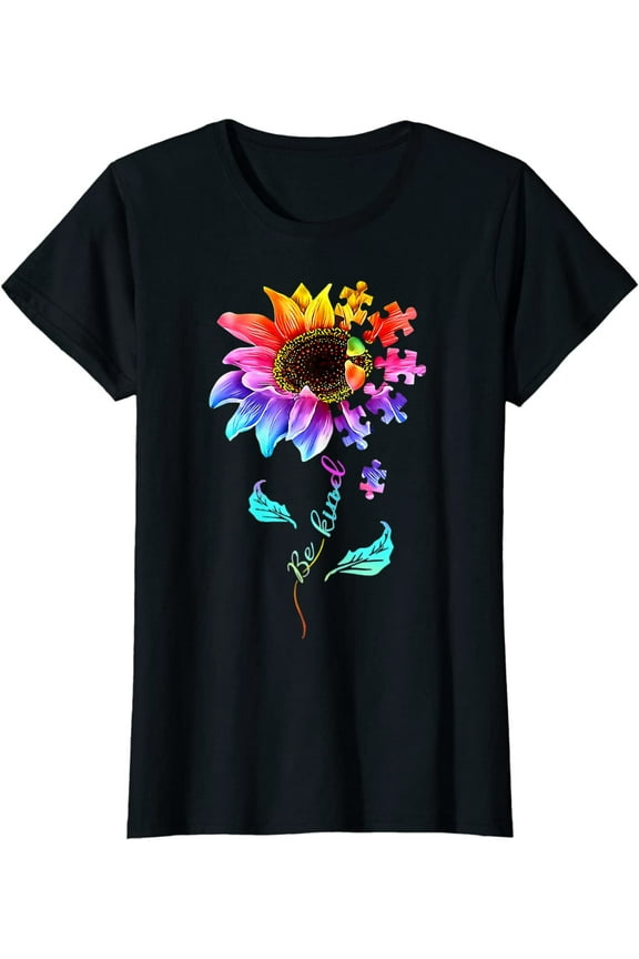 Sunflower Puzzle Tshirt for Women Be Kind Autism Awareness Women Girls Casual Short Sleeve Tops Black Small