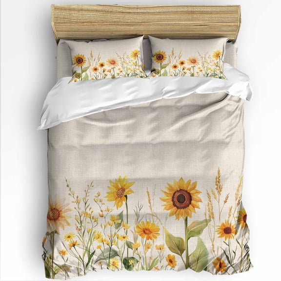 Sunflower Queen Size Comforter Set, Spring Yellow Floral Linen Background Soft Bedding for All Seasons, 4 Pcs Bed Set with 1Comforter (90"x92") ,1 Sheet(94"x116"), 2 Pillowcases (19"x29")