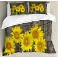 thumbnail image 1 of Sunflower Queen Size Duvet Cover Set, Helianthus Sunflowers Against Weathered Aged Fence Summer Garden Photo, Decorative 3 Piece Bedding Set with 2 Pillow Shams, Brown Yellow Green, by Ambesonne, 1 of 3